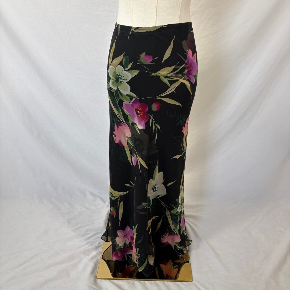 Adrianna Papell black floral silk maxi skirt size 16 fairy boho whimsy